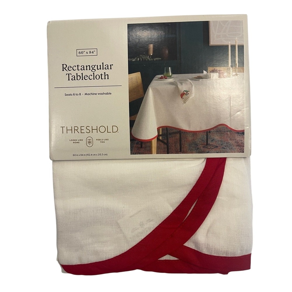 Threshold White Rectangular Tablecloth with Red Trim